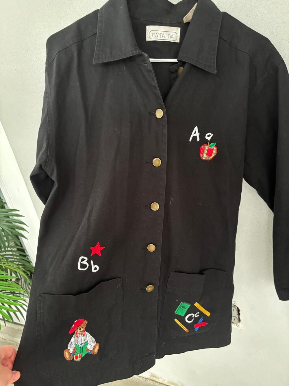 Vintage 100% Cotton Oversized Black Button Down Jacket Teacher Embroidery